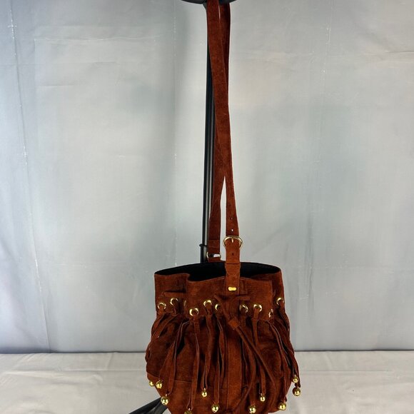 Sepcoeur Paris Brown Suede Leather Bucket Handbag Boho Bell Fringe Vintage - Picture 2 of 7